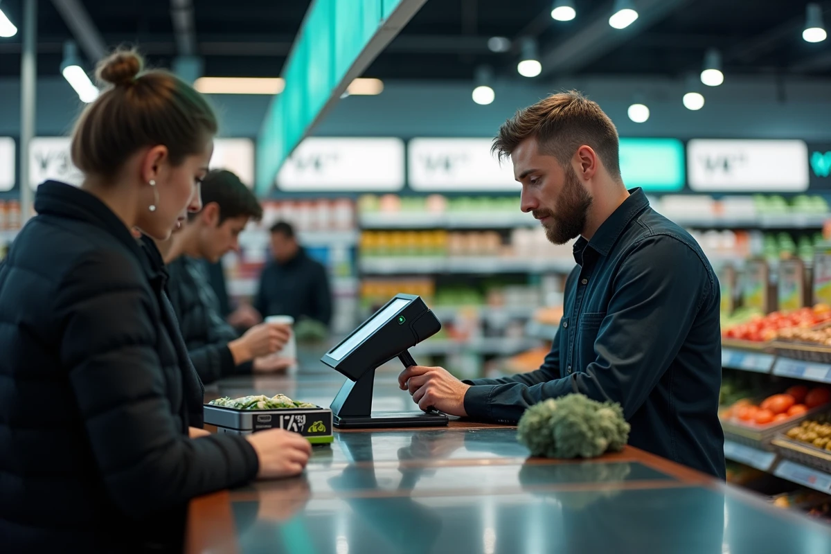 Caissier dans un supermarché de Budapest avec un écran affichant une TVA élevée, symbolisant la fiscalité hongroise axée sur la consommation
