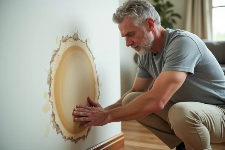 Homme inspectant une auréole d'humidité sur un mur intérieur avec des traces jaunes et un écaillage de peinture