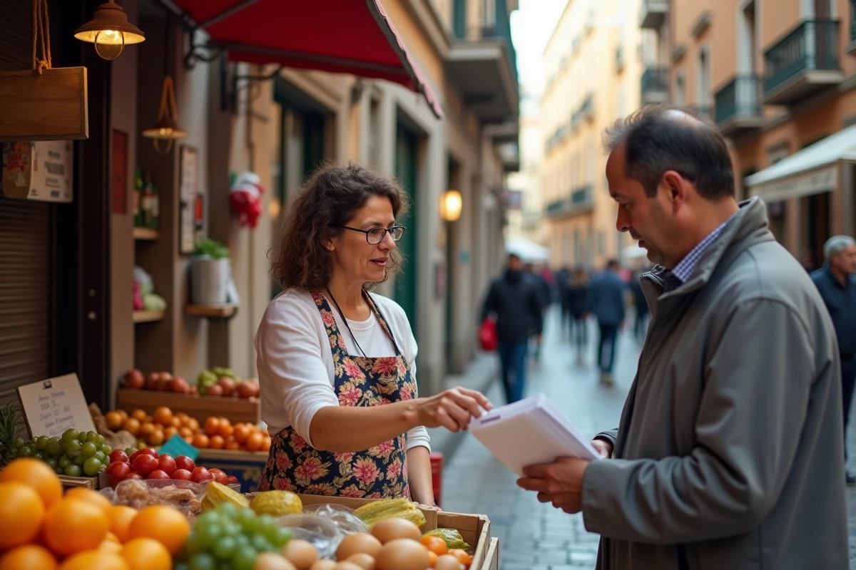 Marché de rue napolitain avec une vendeuse et un inspecteur fiscal illustrant la pression fiscale italienne et l'économie souterraine