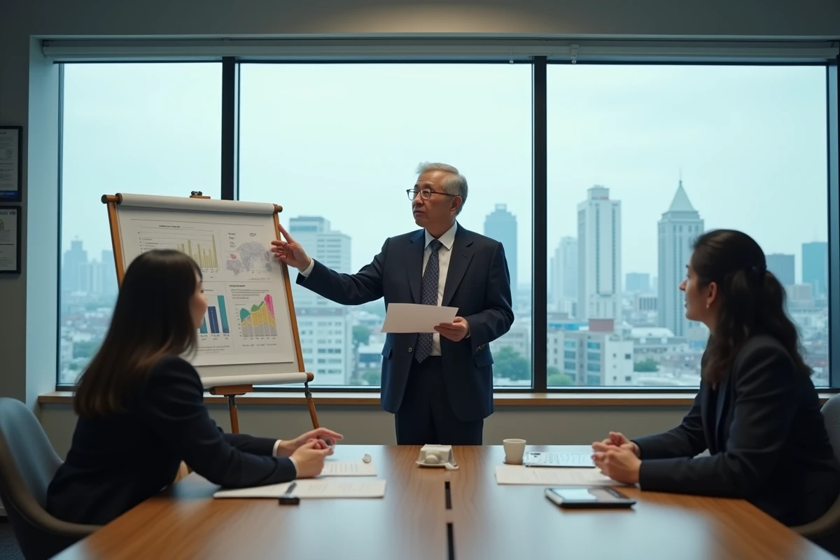 Fonctionnaire japonais âgé à Tokyo présentant des graphiques démographiques sur le vieillissement de la population, symbolisant la fiscalité croissante du Japon pour financer les retraites
