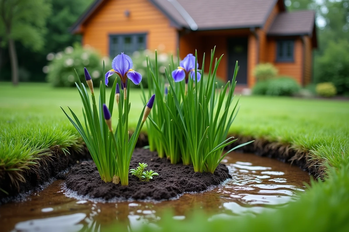 Jardin de pluie en creux planté de graminées et d'iris capturant les eaux de ruissellement près d'un tuyau de descente dans un jardin résidentiel