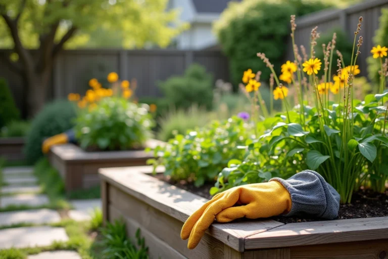 Vue panoramique d'un jardin résidentiel soigné avec potager en carrés, prairie fleurie, terrasse en bois et haie mixte au printemps