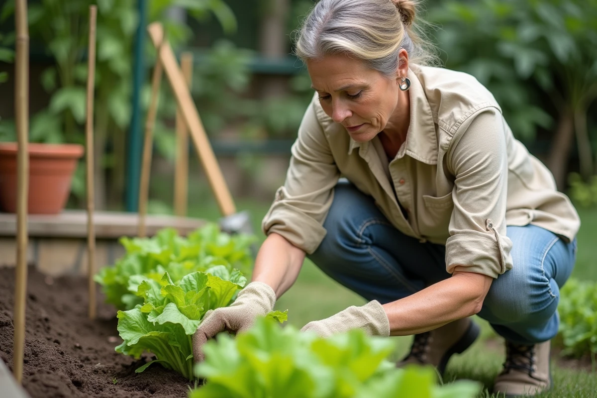 Femme jardinière plantant des salades entre des plants de concombre au potager, gros plan sur les mains en action