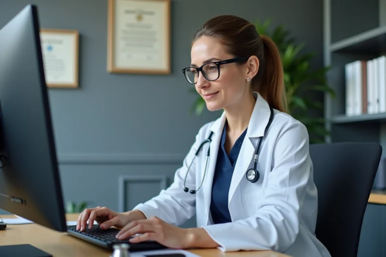 Médecin généraliste consultant une messagerie médicale sécurisée Mailiz ou MSSanté sur son ordinateur de bureau dans un cabinet médical