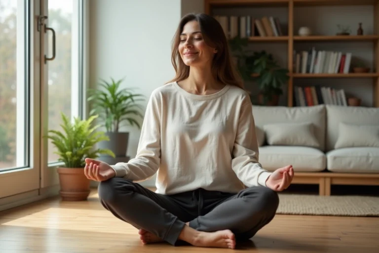 Femme pratiquant la méditation chez elle dans un intérieur minimaliste chaleureux, symbole de bien-être et d'épanouissement au quotidien