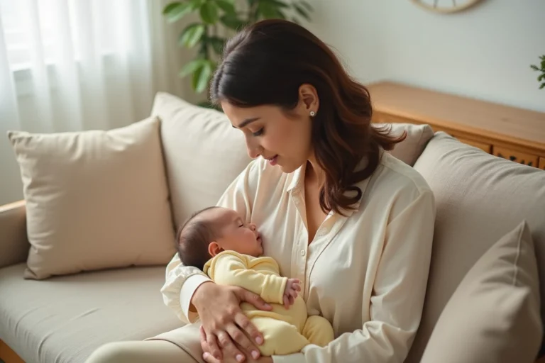 Mère tenant doucement son bébé dans une chambre de bébé apaisante, illustrant le bien-être et le confort du nourrisson