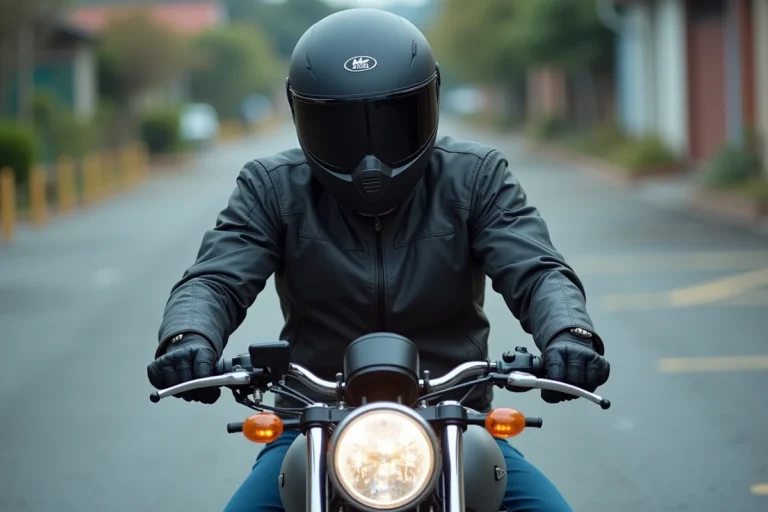 Jeune motard débutant sur une 750cc compatible permis A2 dans un parking urbain