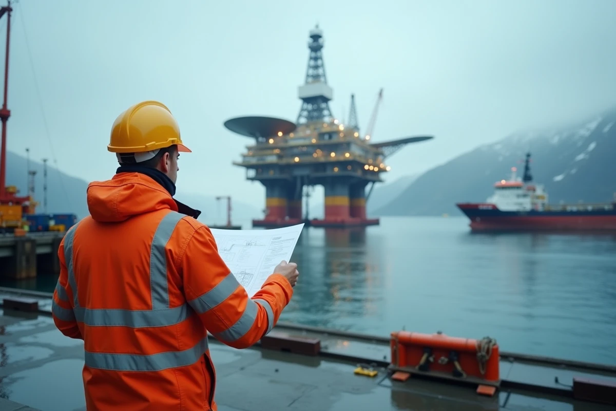 Ingénieur pétrolier sur le port de Bergen avec une plateforme offshore en arrière-plan, symbolisant la rente pétrolière et la fiscalité nordique de la Norvège