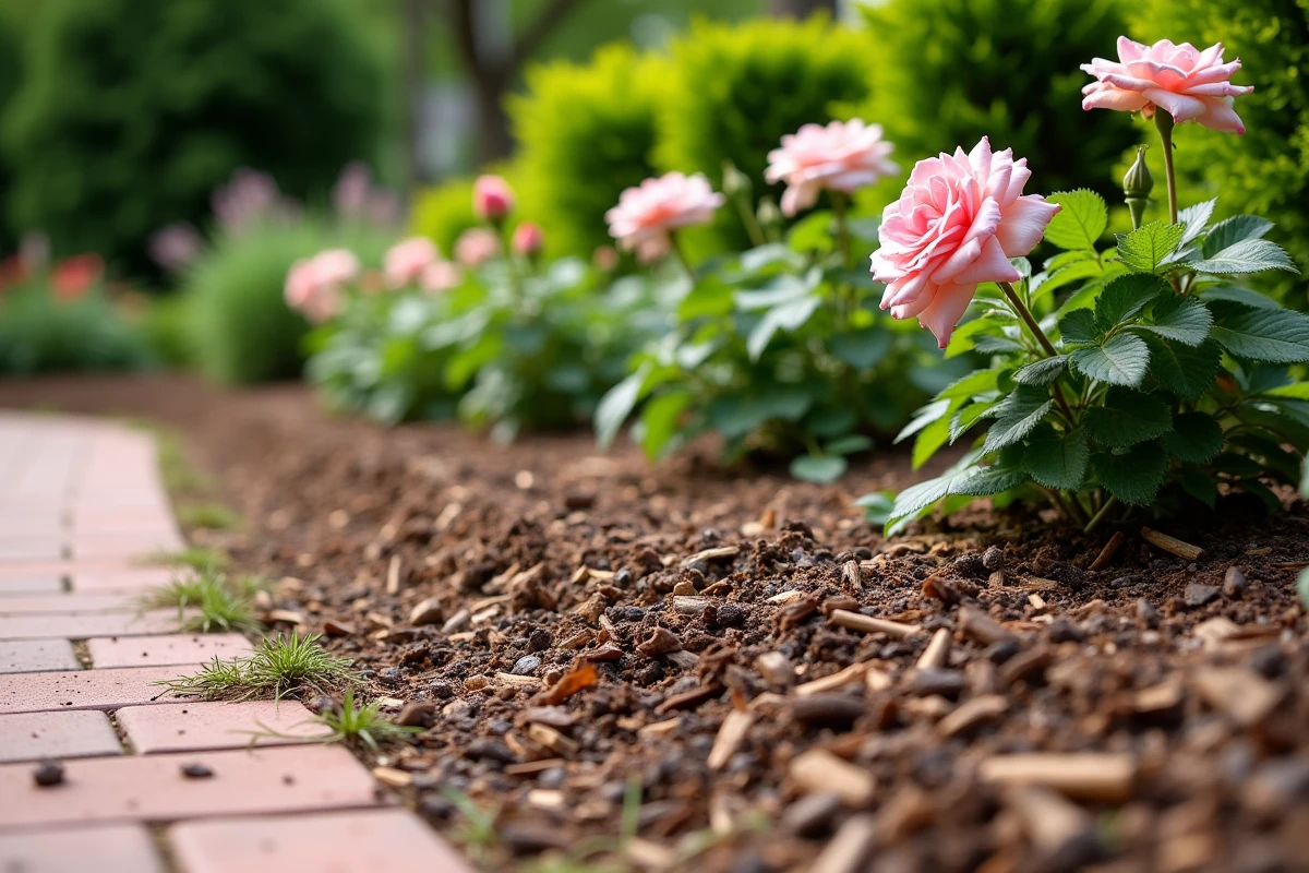 Épais paillage de copeaux de bois autour de rosiers et vivaces dans une bordure de jardin résidentiel pour conserver l'humidité du sol