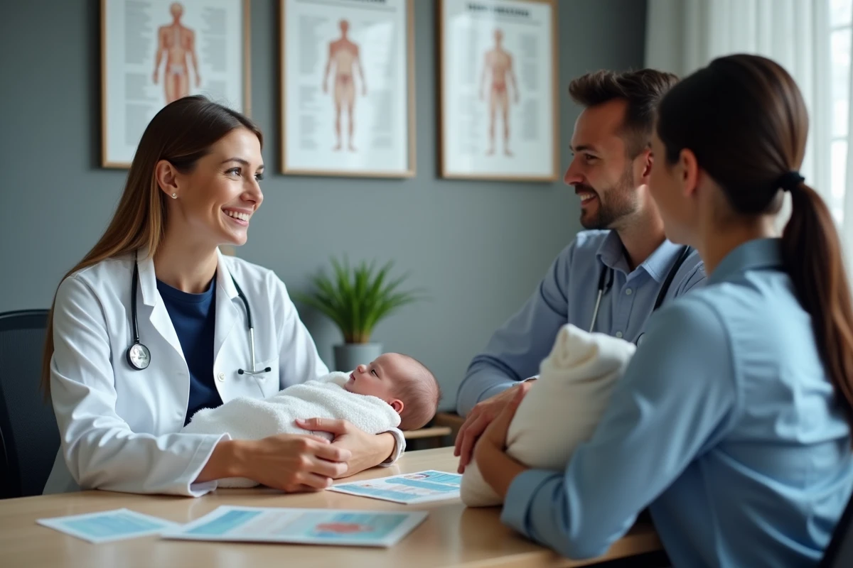 Pédiatre conseillant des jeunes parents sur les solutions naturelles contre la constipation du nourrisson lors d'une consultation médicale