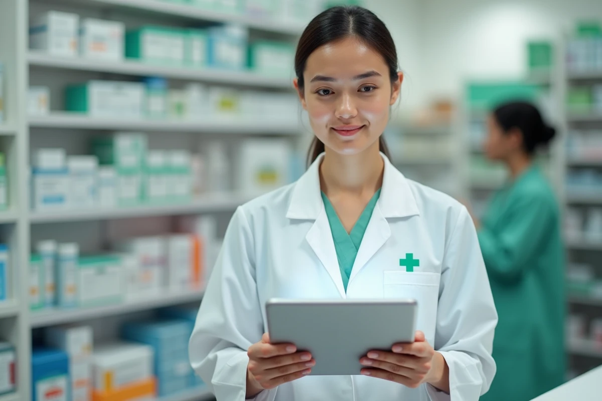 Pharmacienne consultant une ordonnance électronique reçue via une messagerie sécurisée de santé MSSanté sur une tablette dans une officine