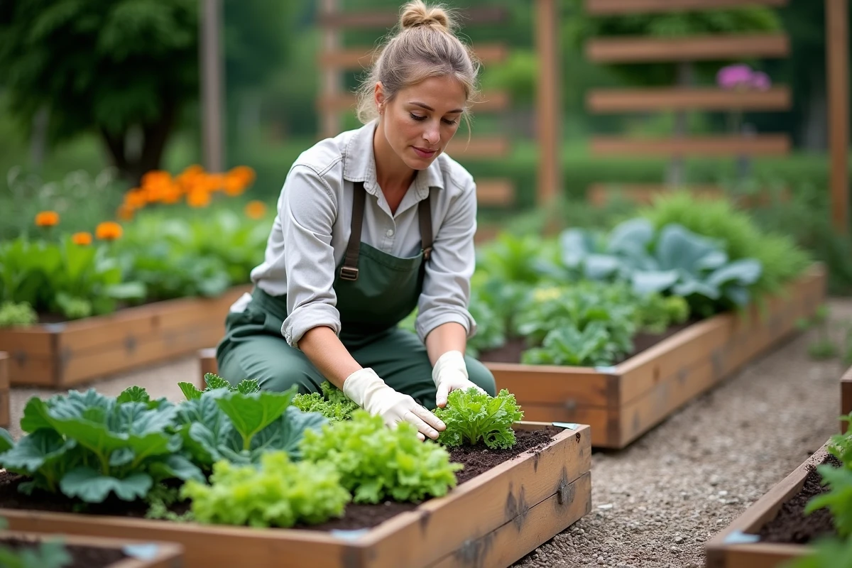 Femme soignant un potager en carrés surélevés en bois de cèdre avec salades, choux et tomates dans un jardin structuré