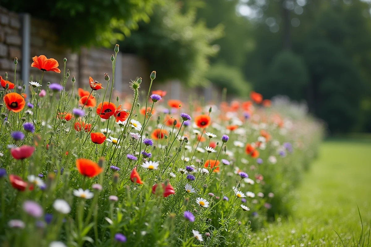 Prairie fleurie naturalisée sur un talus difficile à entretenir avec coquelicots, bleuets et marguerites formant un tapis coloré en jardin résidentiel