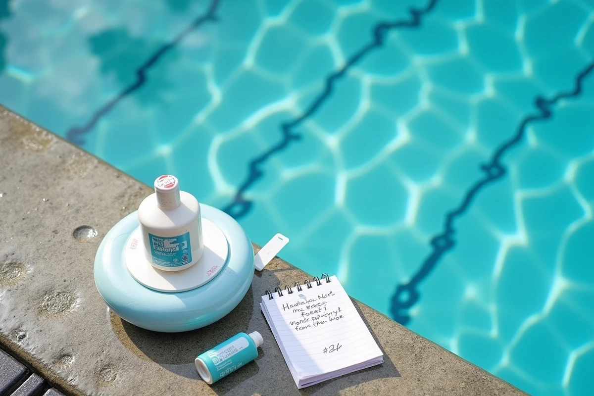 Vue aérienne de produits de traitement piscine incluant chlore et clarifiant posés au bord du bassin