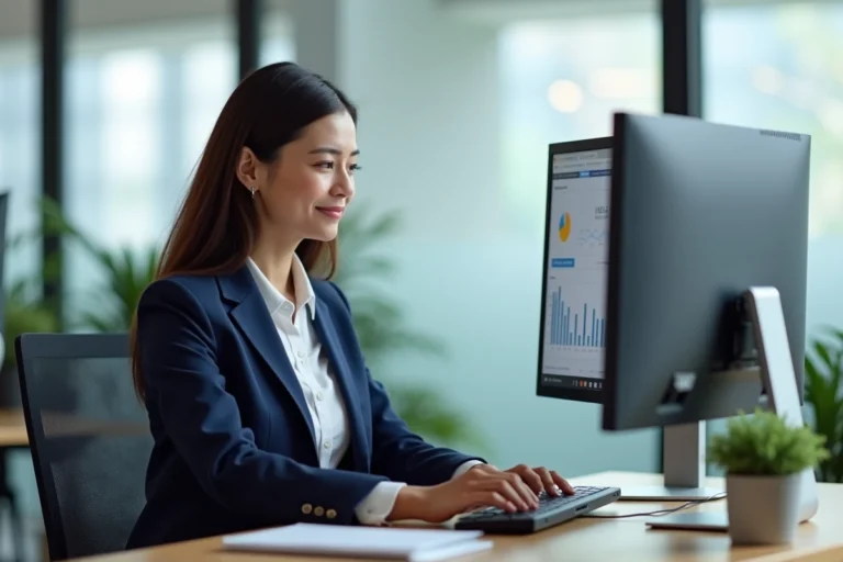 Professionnelle en marketing digital analysant des données SEO sur des écrans d'ordinateur dans un bureau moderne