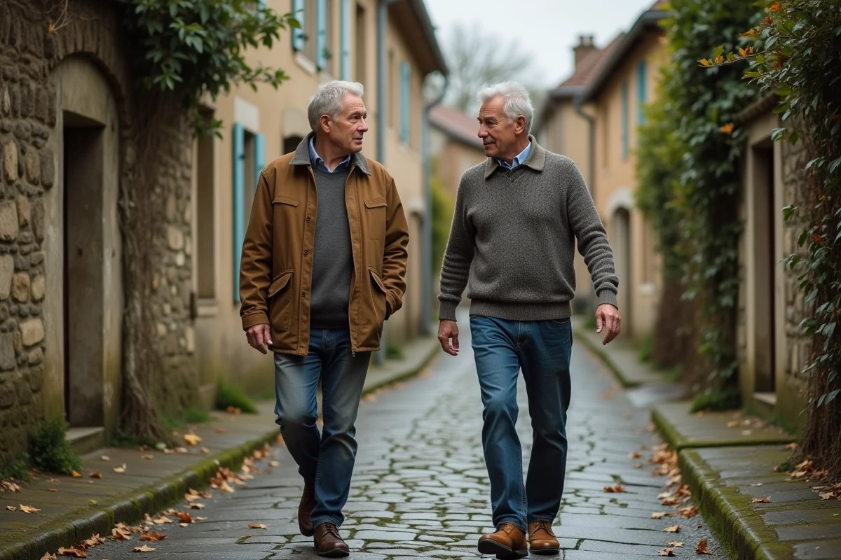 Deux hommes se promenant côte à côte dans une ruelle pavée d'un village français en automne