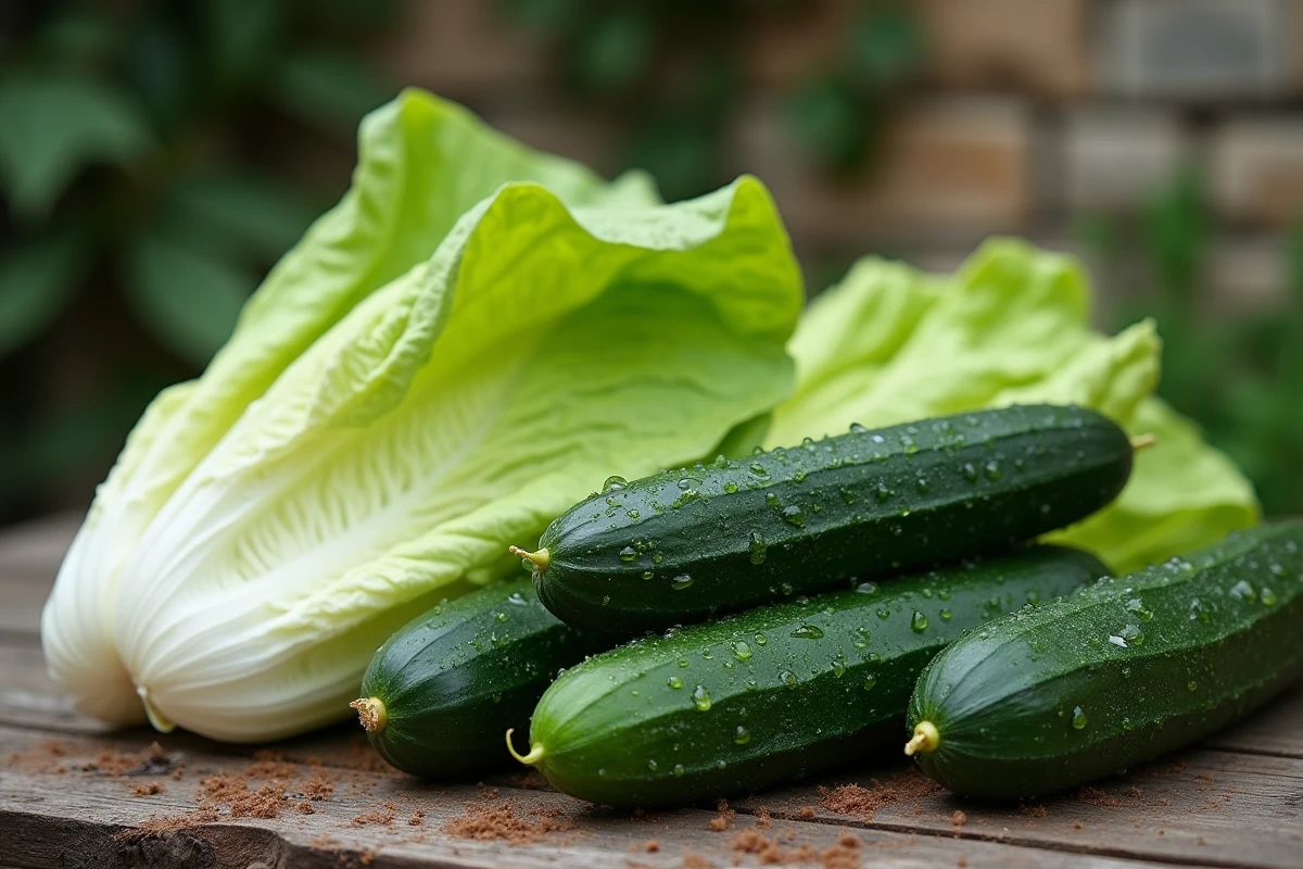 Récolte de concombres et de salades posés sur une table en bois rustique, légumes du potager avec gouttes d'eau