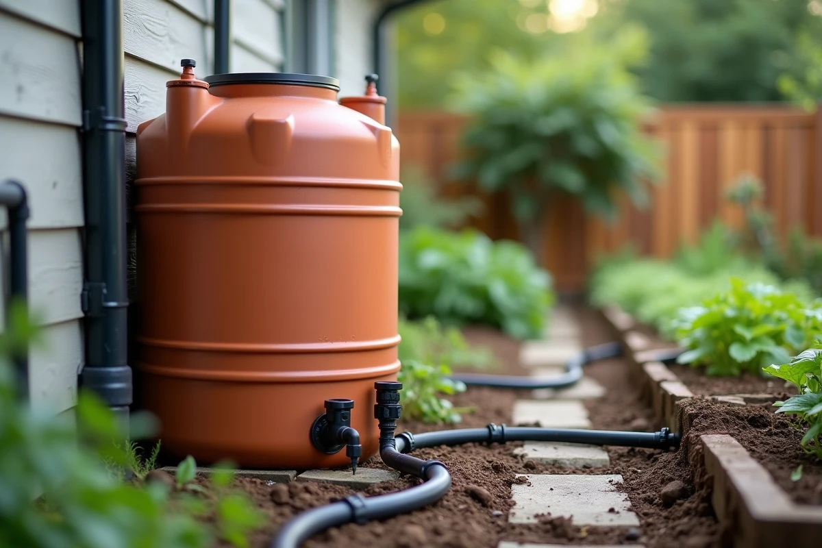 Système de récupération d'eau de pluie avec cuve IBC reliée à un réseau de tuyaux d'arrosage goutte-à-goutte dans un potager résidentiel