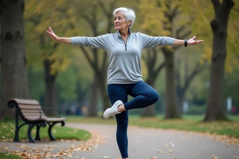 Femme senior pratiquant une pose d'équilibre de tai chi dans un parc en automne