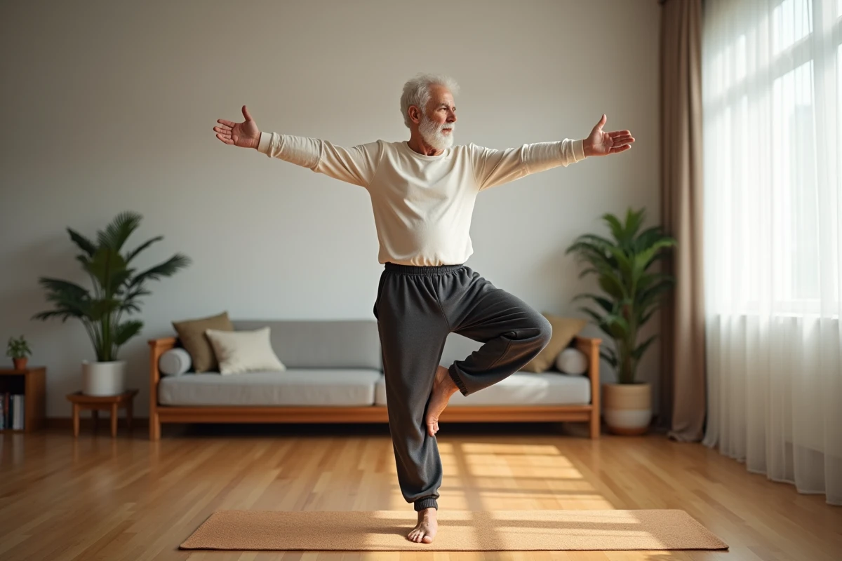 Homme senior faisant une pose d'arbre sur tapis de yoga dans un salon chaleureux