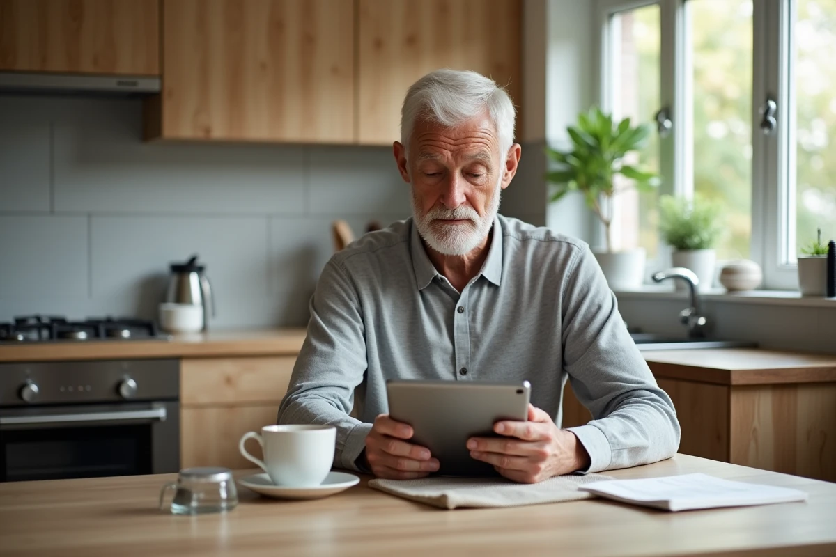 Homme âgé utilisant une tablette numérique dans sa cuisine pour gérer son quotidien en autonomie