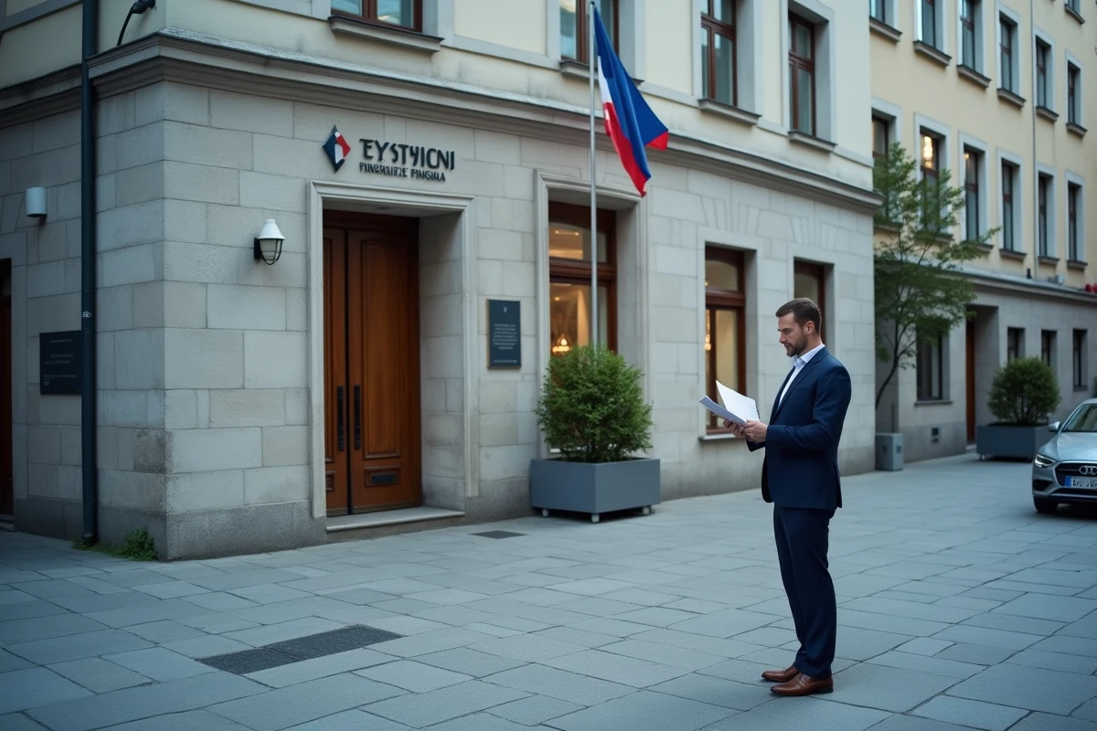 Fonctionnaire gouvernemental devant un bâtiment ministériel de Ljubljana symbolisant la fiscalité dense de la Slovénie