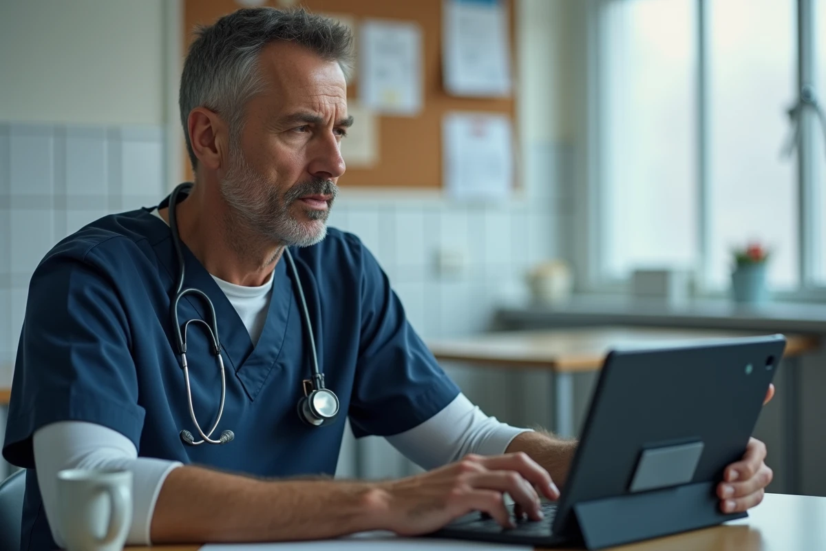 Professionnel de santé consultant un simulateur de salaire CCN 51 sur tablette dans une salle de pause hospitalière