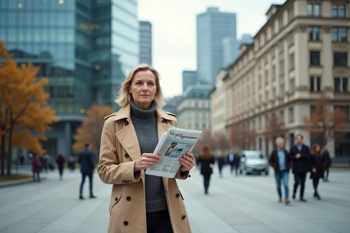 Professionnelle suédoise traversant la place financière de Stockholm avec le quartier d'affaires moderne en arrière-plan, symbolisant le modèle fiscal suédois