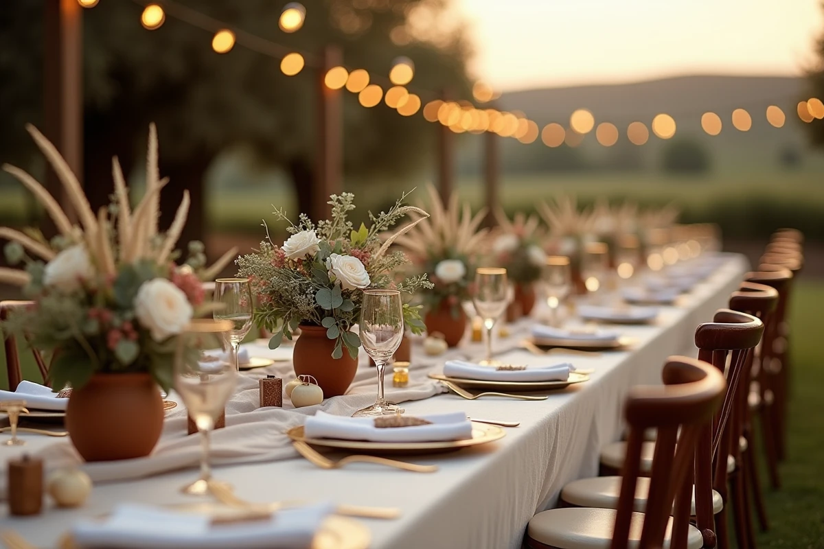Table de réception de mariage en extérieur élégamment dressée avec des fleurs sauvages, de la vaisselle dorée et une vue sur les vignes au crépuscule