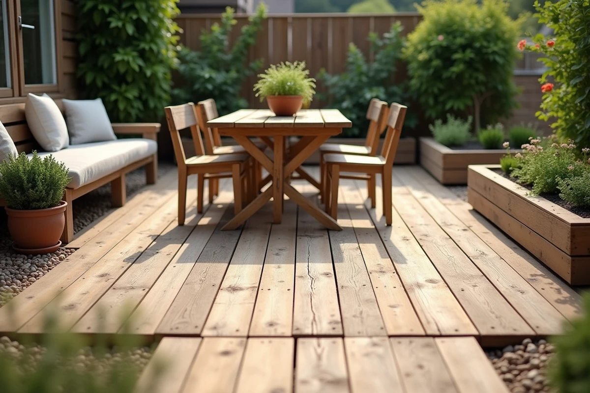 Terrasse en bois de récupération avec planches usées et mobilier de jardin dépareillé prolongeant l'espace de vie dans un jardin résidentiel