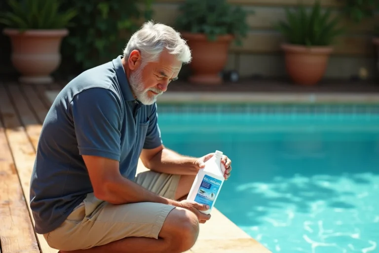 Homme comparant un clarifiant et un diffuseur de chlore au bord d'une piscine privée